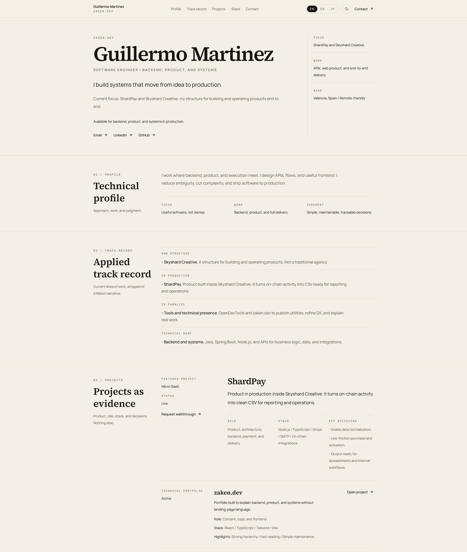Desktop and mobile mockups of the zaken.dev flagship site