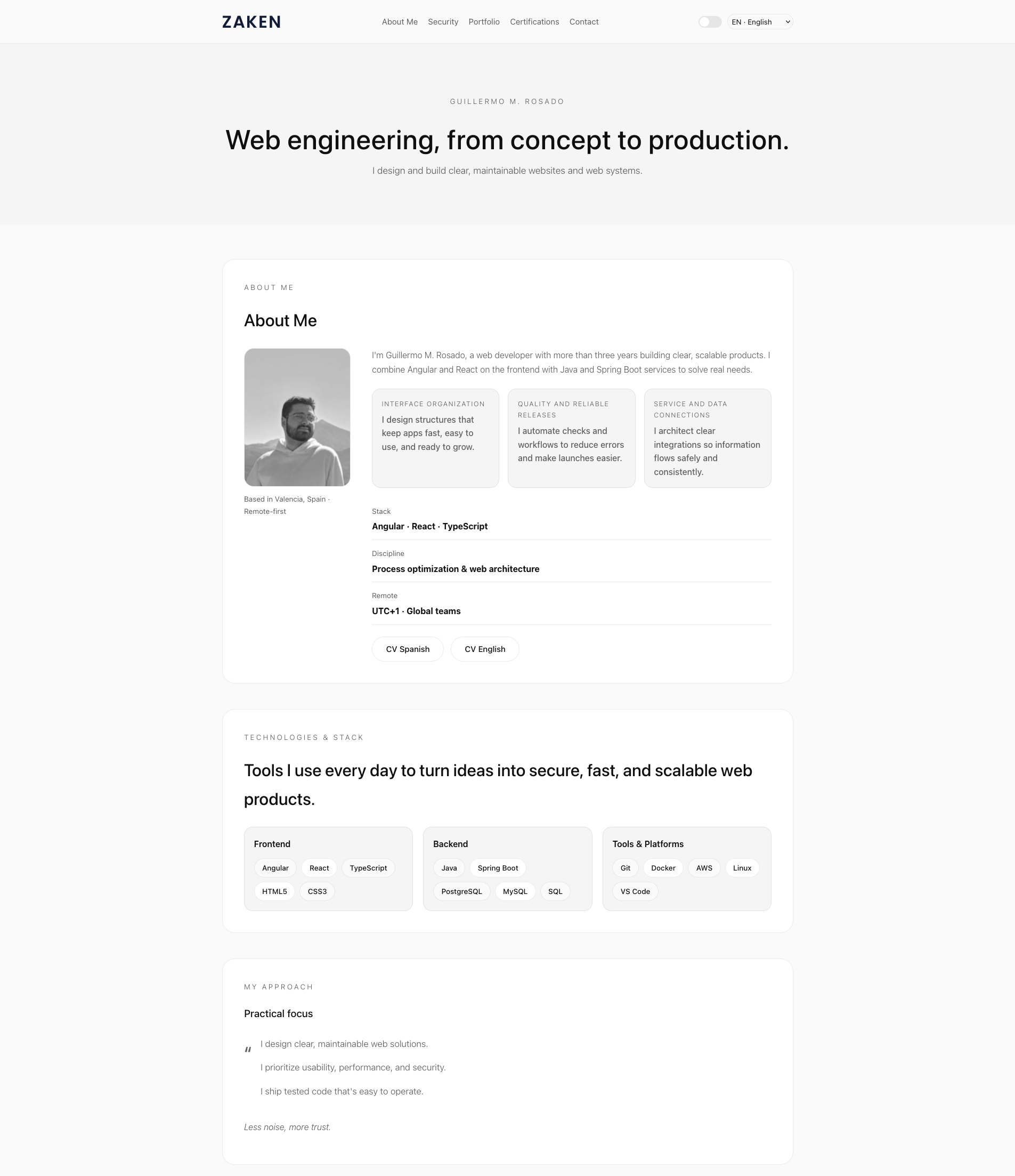 Desktop and mobile mockups of the zaken.dev flagship site